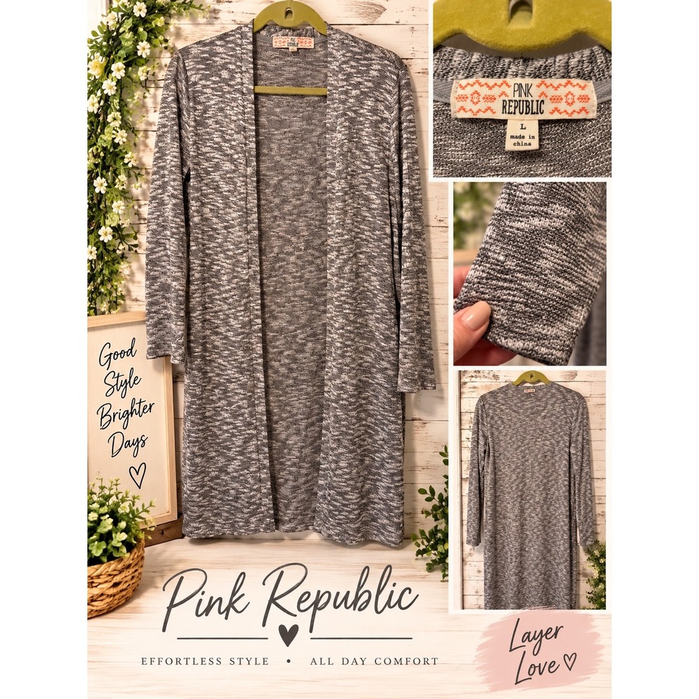 Pink Republic Black Grey Space Dye Longline Open Front Duster Cardigan Large